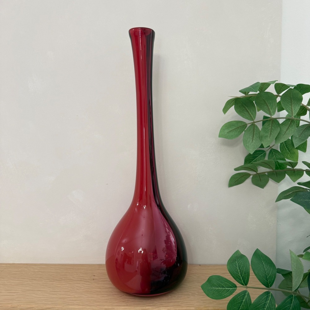 MCM Tall Art Glass Bud Vase Ruby Red Black Bi-Color Teardrop Hand Blown 17"-7"
